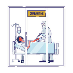 Concept Of Coronavirus Epidemic. Infectious Woman Is In Isolation In Hospital Under Doctor s Care. Doctor In Protective Suit Vaccinate Sick Patient. Cartoon Linear Outline Flat Vector Illustration