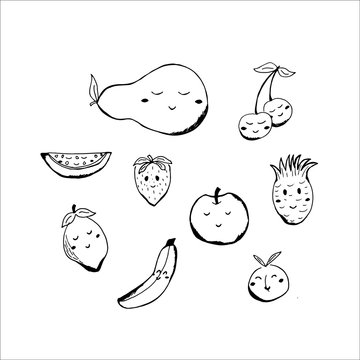 A large set of hand-drawn summer doodles with grapes, pears, apples, peaches, watermelons, cherries, strawberries, lemons and bananas. Vector illustration of funny fruits with smiling faces