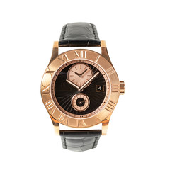 Luxury gold watch with a black dial and a second time zone and with a black leather strap, front view isolated on white background