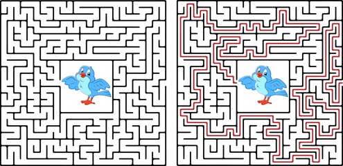 Maze game or activity page for kids Help every bird to get back to the birdhouse village. Answer included.