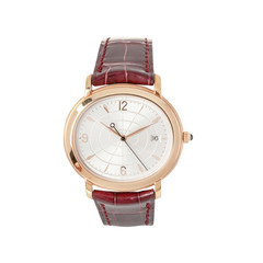 Classic oval watch with calendar and burgundy leather strap, front view, isolated on white background