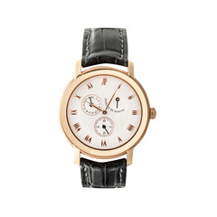 Luxury Rose Gold Watch Isolated on White. Classic Watch with Annual Calendar & Smooth Bezel. Front View Automatic Movement Wristwatch with black Leather Strap