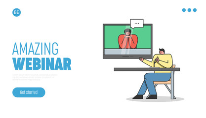 Concept Of Webinar. Website Landing Page. Male Character Takes An Online Remote Course Or Video Business Conference With Instructor. Web Page Cartoon Linear Outline Flat Style. Vector Illustration
