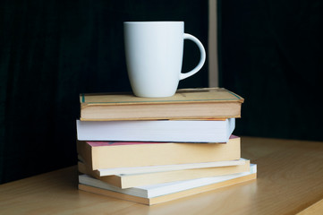 Coffee mug standing on a pile of books. Tower of books on table or desk. White tea or coffee cup. Coffee break or coffee and books concept.
