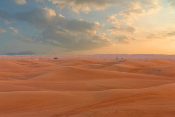 Sand desert natural sunset picturesque landscape, United Arab Emirates, Dubai.