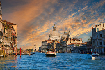 View of the Grand Canal and the Basilica of Santa Maria della Salute, Venice, Italy.