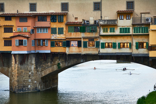 Details of the medieval walls ""Ponte Vecchio "" historic brige in Florence, Italy.