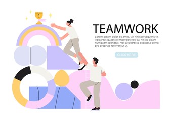 People climbing abstract mountain and trying to rich first place or golden trophy cup. Concept of business success, reach new hights, leadership, career achievements through teamwork and cooperation.