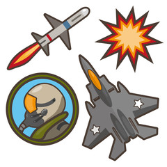 A funny set of stickers on the theme of military aviation: fighter, missiles, pilot, explosion.