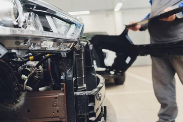 Deurstickers auto mechanic repair car body bumper replacement. © Евгений Вершинин
