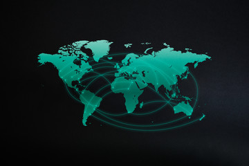 World connectivity and global networking concept. Neon lines and world map on black background.