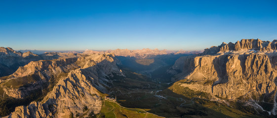 Fototapeta na wymiar Aerial view of Pizes de Cir mountain range, Gardena Pass and Sella group, Italy