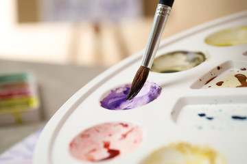 Brush and palette with watercolor paints, closeup