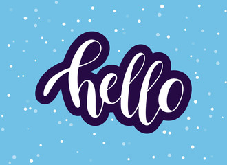 Handwritten Hello phrase. White vector text with purple stroke on blue background. Modern brush calligraphy style.