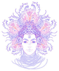 Tribal Fusion Boho Goddess. Beautiful divine diva girl with ornate crown, kokoshnik inspired. Bohemian goddess. Hand drawn elegant illustration. Lotus flower, ethnic art, patterned Indian paisley.
