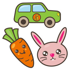 Set of funny pictures: car, 
carrot, rabbit. Kawaii illustration.