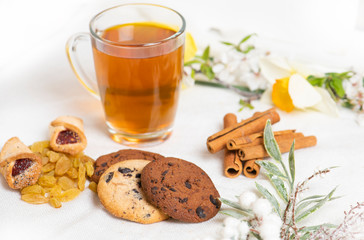 Morning breakfast. Cup of tea , raisin, cinnamon stick, cookies with chocolate on the white  background and spring flowers.