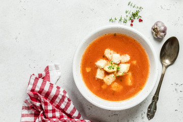 Italian feta tomato soup. Top view, copy spce.