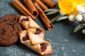 Cookies with chocolate, cinnamon sticks, on the  stone background with spring flowers.