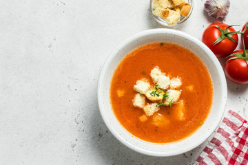 Smoky tomato soup. Top view, copy spce.