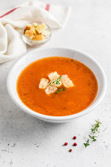 Vegan tomato soup. Selective focus, copy spce.