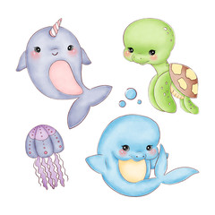 Cute cartoon watercolor sea animals set on a white background © Bonbonny