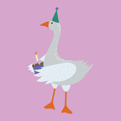 Cartoon Color Goose with Holiday Accessory. Vector