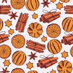 Hand drawn dried oranges and cinnamon. Vector  seamless pattern.