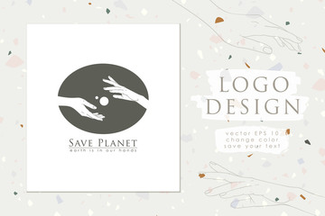 Logo female hands gently hold the planet. Ecology, environmental conservation.