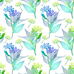Floral abstract seamless pattern with hand drawn leaves and plants. Line art sketch style. Colourful nature background
