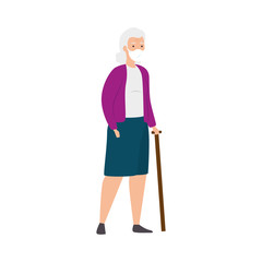 old woman with face mask and walking stick isolated icon vector illustration design