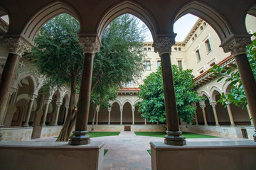 Courtyard in a cloister in Barcelona with trees and an elegant arch.