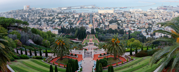 Evening panoramic view of the Bahai Gardens in Haifa, Israel
