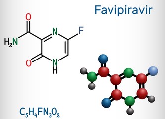 Favipiravir, C5H4FN3O2 molecule. It is antiviral medication, has activity against RNA viruses, avian influenza, Ebola virus, Lassa virus, COVID-19. Structural chemical formula and molecule model. Vect