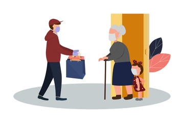 Fresh food and food delivery for the elderly. An elderly man receives a parcel. Social assistance and support. Volunteers Online ordering service during quarantine. Vector illustration