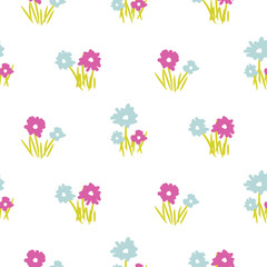 Vector seamless vintage handdrawn floral pattern. Blue flowers white background.