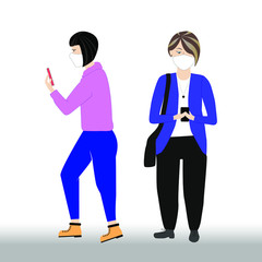 Fototapeta na wymiar Two girls covered the medical mask walking outdoors with smartphone in hand. Flat vector illustration of woman concept wearing protective mask for prevent virus Covid-19.