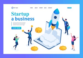 Isometric business startup, businessmen rejoice rocket take-off from laptop. Landing page concepts and web design