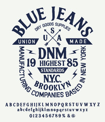 Blue Denim Clothing print for t-shirt or apparel. Retro artwork for fashion and printing. Old school vector graphic with denim theme and typography. Vintage effects are easily removable.Vintage Font 