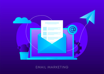 Email marketing concept on dark gradient background. Laptop with envelope, open email and message on screen. Sending email. Vector.