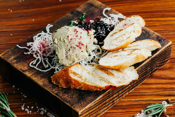 A pate sitting on top of a wooden table