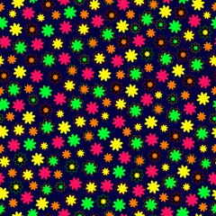 Fototapeta na wymiar Seamless black background with the image of bright flowers. Cozy, cute, unusual print. Ideal for decoration of textiles, printed materials and background images. Vector graphics. 