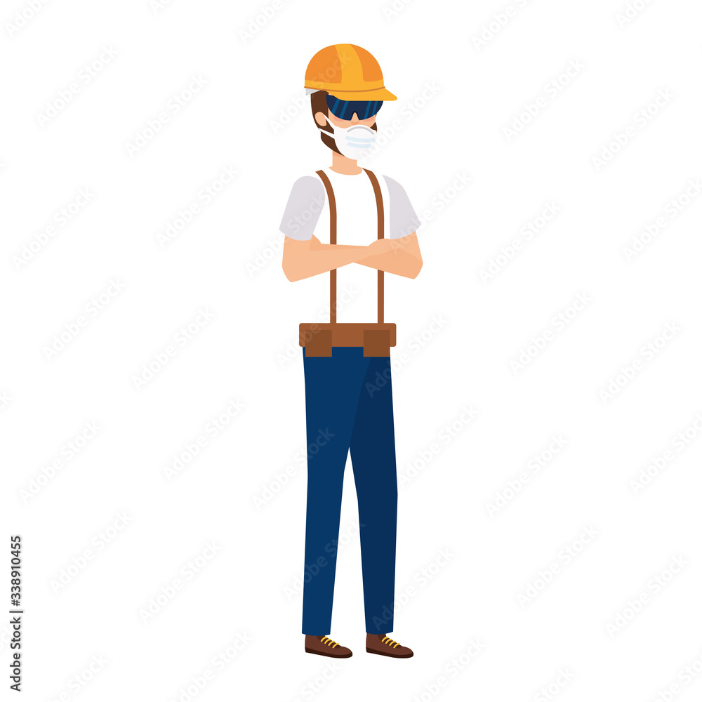 Poster man worker using face mask isolated icon vector illustration design