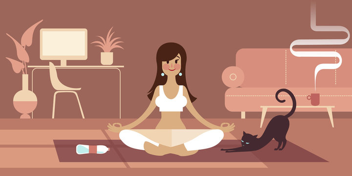 Girl And Kitten Take A Yoga Break While Working From Home. Flat Graphic Vector Illustration.