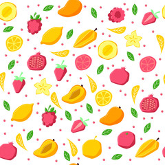 Seamless pattern with fruits and leaves. Cartoon vector illustration on white background