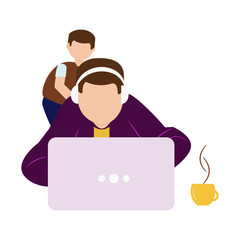 Work at home vector illustration isolated on white background. Dad with a laptop, behind him a child is peeping. Cup of tea.