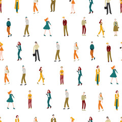 Fototapeta na wymiar Cartoon Characters Men and Women Holding Smartphones Seamless Pattern Background. Vector