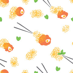 Hand drawn seamless pattern with noodles in bowl. Eggs and ramen, asian food. Vector illustrarion with doodles. - 338914449