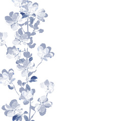Floral vertical border of pale blue flowers on branches, apple blossom on white background. Hand drawn. Copy space. Vector stock illustration.