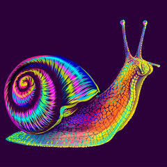 Snail. Abstract, multi-colored, neon portrait of a grape snail on a dark purple background in the style of pop art. 
